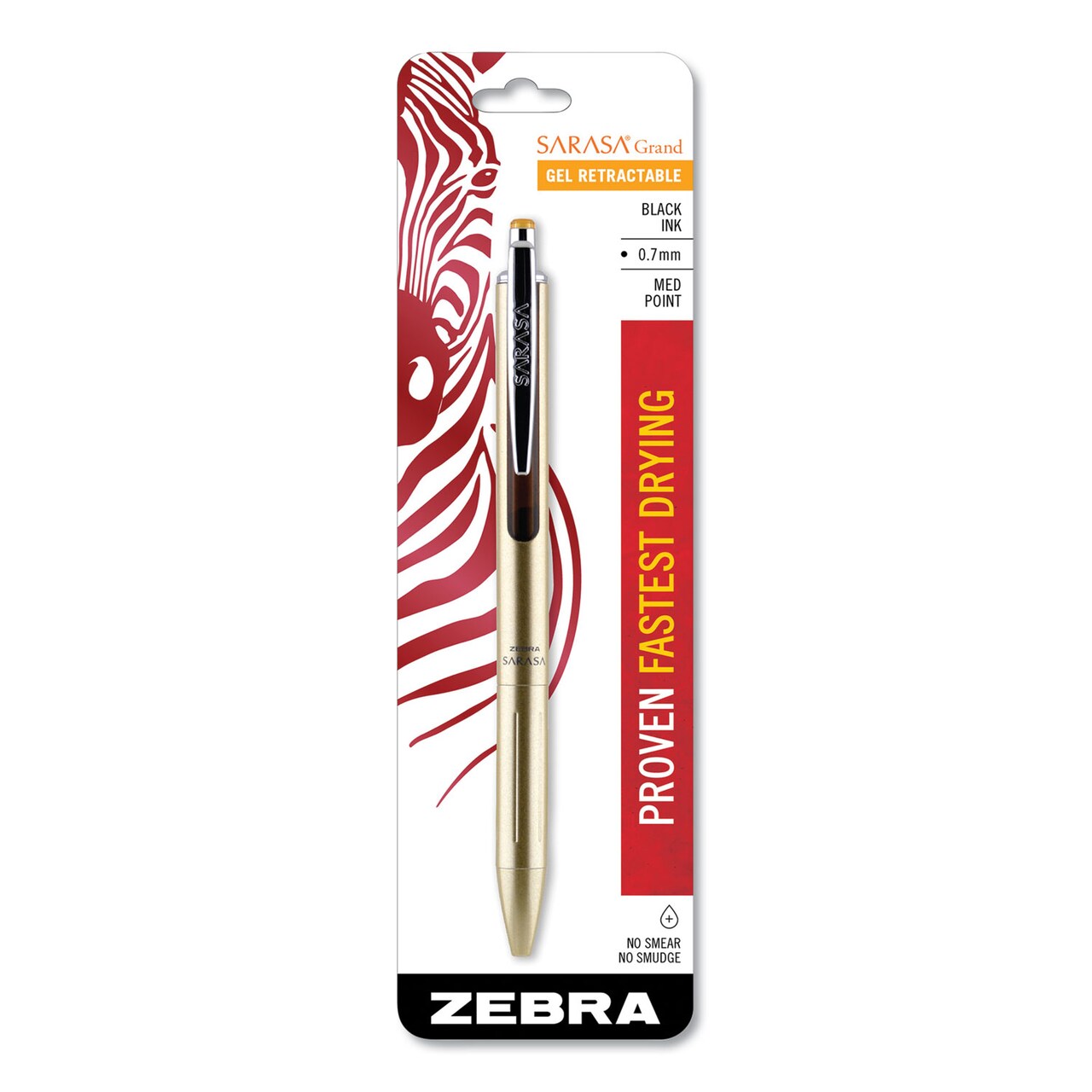 Zebra Pen Blister-Carded Sarasa Grand Retractable Gel Pen, Fine 0.7mm, Black Ink, Gold Barrel